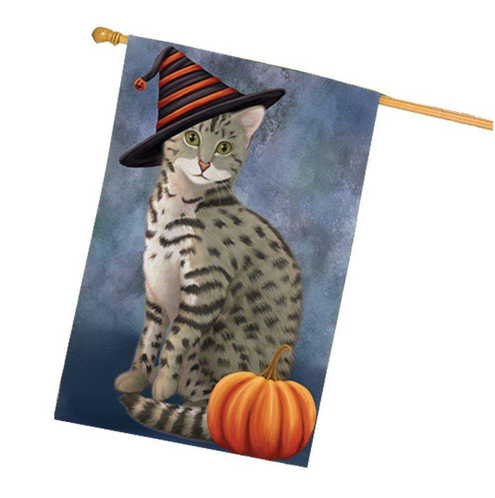 Egyptian Mau Cat Wearing Witch Hat with Pumpkin House Flag