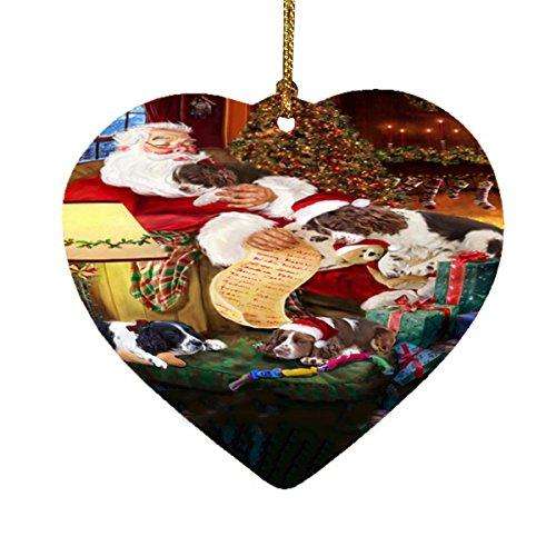 English Springer Spaniel Dog and Puppies Sleeping with Santa Heart Christmas Ornament