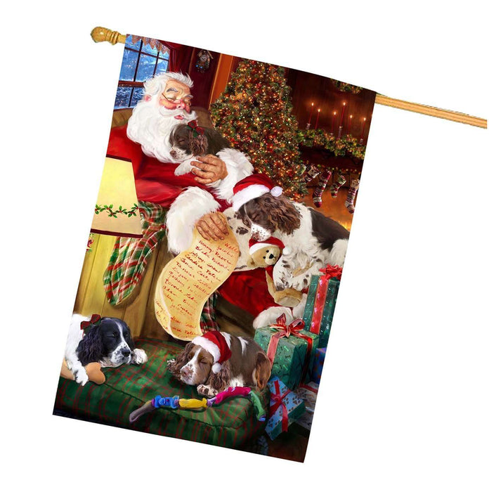 English Springer Spaniel Dog and Puppies Sleeping with Santa House Flag