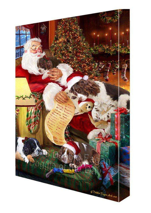 English Springer Spaniel Dog and Puppies Sleeping with Santa Painting Printed on Canvas Wall Art