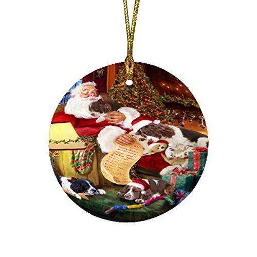 English Springer Spaniel Dog and Puppies Sleeping with Santa Round Christmas Ornament