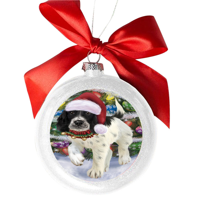 Trotting in the Snow English Springer Spaniel Dog White Round Ball Christmas Ornament WBSOR49439
