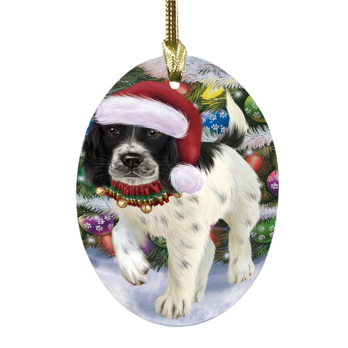 Trotting in the Snow English Springer Spaniel Dog Oval Glass Christmas Ornament OGOR49439