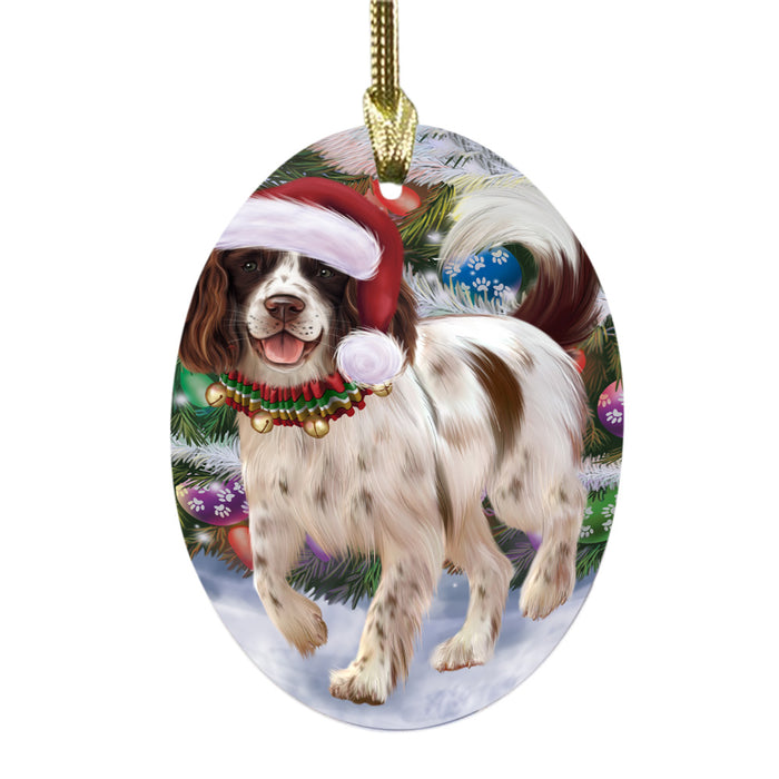 Trotting in the Snow English Springer Spaniel Dog Oval Glass Christmas Ornament OGOR49440