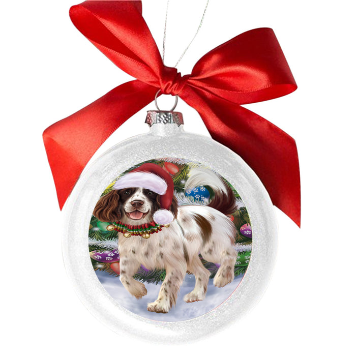Trotting in the Snow English Springer Spaniel Dog White Round Ball Christmas Ornament WBSOR49440