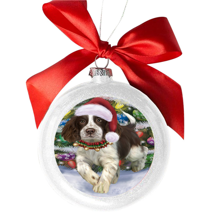 Trotting in the Snow English Springer Spaniel Dog White Round Ball Christmas Ornament WBSOR49441