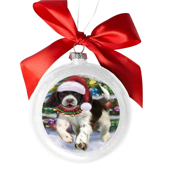 Trotting in the Snow English Springer Spaniel Dog White Round Ball Christmas Ornament WBSOR49442