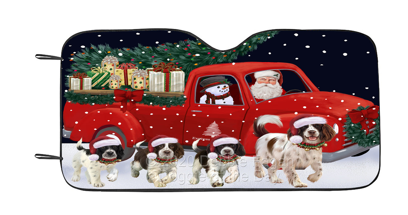 Christmas Express Delivery Red Truck Running Springer Spaniel Dog Car Sun Shade Cover Curtain