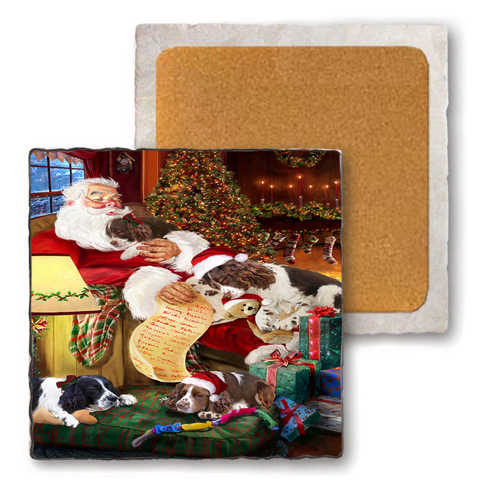 Set of 4 Natural Stone Marble Tile Coasters - English Springer Spaniels Dog and Puppies Sleeping with Santa MCST48099