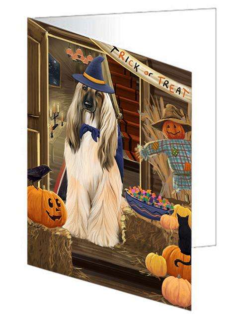 Enter at Own Risk Trick or Treat Halloween Afghan Hound Dog Handmade Artwork Assorted Pets Greeting Cards and Note Cards with Envelopes for All Occasions and Holiday Seasons GCD62786