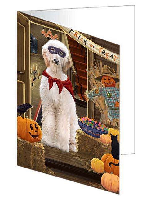 Enter at Own Risk Trick or Treat Halloween Afghan Hound Dog Handmade Artwork Assorted Pets Greeting Cards and Note Cards with Envelopes for All Occasions and Holiday Seasons GCD62789