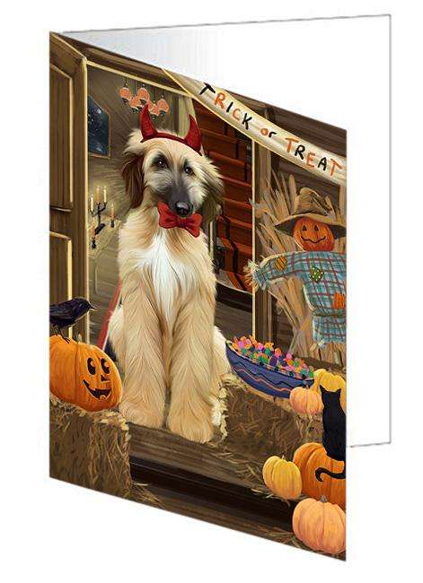 Enter at Own Risk Trick or Treat Halloween Afghan Hound Dog Handmade Artwork Assorted Pets Greeting Cards and Note Cards with Envelopes for All Occasions and Holiday Seasons GCD62795