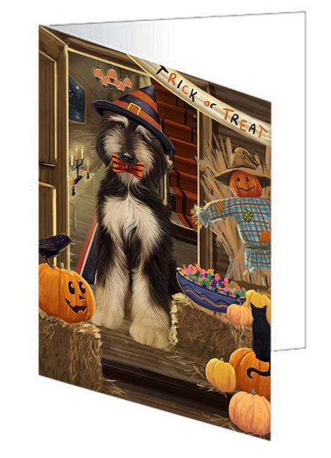 Enter at Own Risk Trick or Treat Halloween Afghan Hound Dog Handmade Artwork Assorted Pets Greeting Cards and Note Cards with Envelopes for All Occasions and Holiday Seasons GCD62798