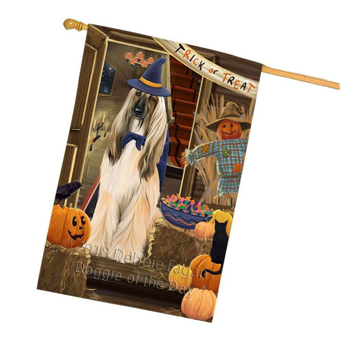 Enter at Own Risk Trick or Treat Halloween Afghan Hound Dog House Flag FLG53117