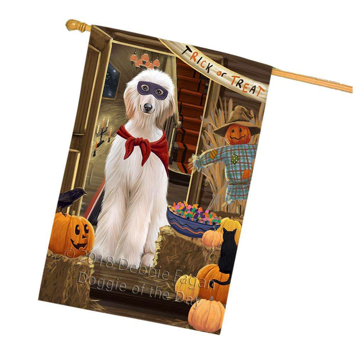 Enter at Own Risk Trick or Treat Halloween Afghan Hound Dog House Flag FLG53118