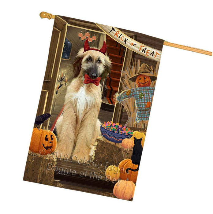 Enter at Own Risk Trick or Treat Halloween Afghan Hound Dog House Flag FLG53120