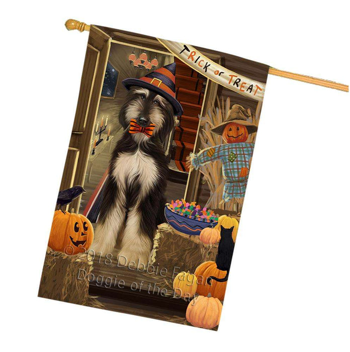 Enter at Own Risk Trick or Treat Halloween Afghan Hound Dog House Flag FLG53121