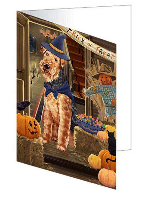 Enter at Own Risk Trick or Treat Halloween Airedale Terrier Dog Handmade Artwork Assorted Pets Greeting Cards and Note Cards with Envelopes for All Occasions and Holiday Seasons GCD62801