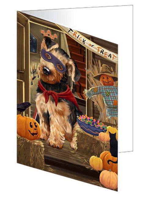 Enter at Own Risk Trick or Treat Halloween Airedale Terrier Dog Handmade Artwork Assorted Pets Greeting Cards and Note Cards with Envelopes for All Occasions and Holiday Seasons GCD62804