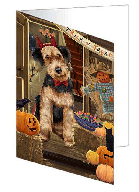 Enter at Own Risk Trick or Treat Halloween Airedale Terrier Dog Handmade Artwork Assorted Pets Greeting Cards and Note Cards with Envelopes for All Occasions and Holiday Seasons GCD62810