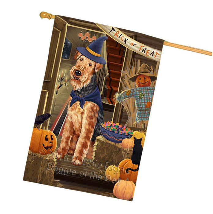 Enter at Own Risk Trick or Treat Halloween Airedale Terrier Dog House Flag FLG53122