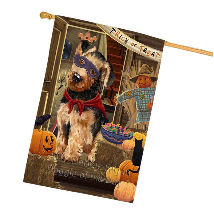 Enter at Own Risk Trick or Treat Halloween Airedale Terrier Dog House Flag FLG53123