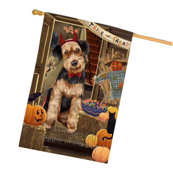 Enter at Own Risk Trick or Treat Halloween Airedale Terrier Dog House Flag FLG53125