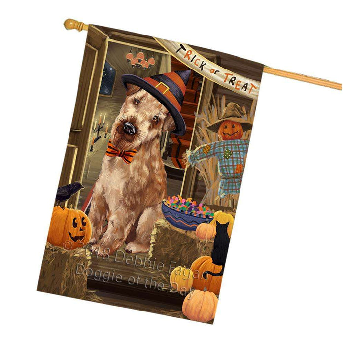 Enter at Own Risk Trick or Treat Halloween Airedale Terrier Dog House Flag FLG53126