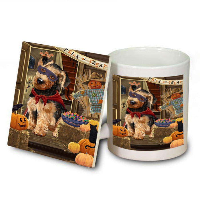 Enter at Own Risk Trick or Treat Halloween Airedale Terrier Dog Mug and Coaster Set MUC52917