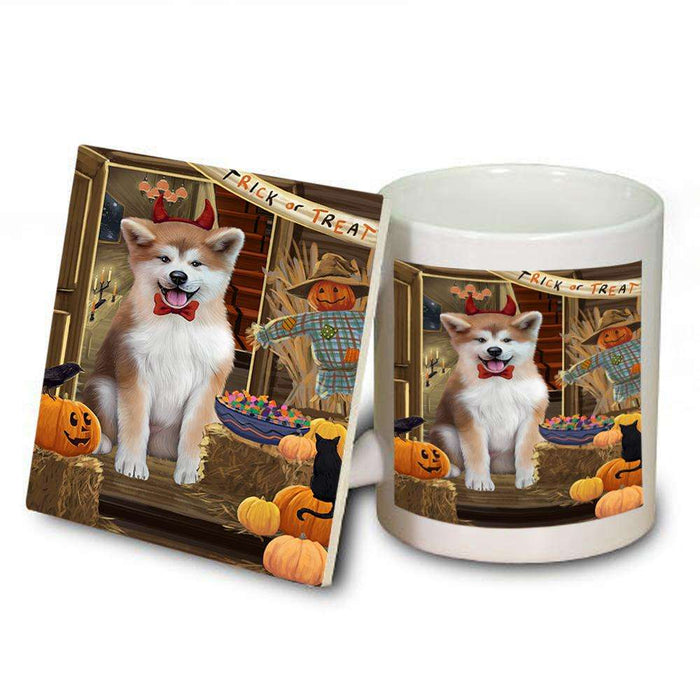 Enter at Own Risk Trick or Treat Halloween Akita Dog Mug and Coaster Set MUC52924
