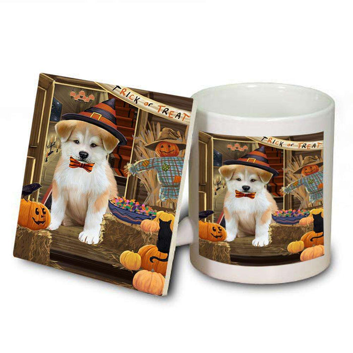 Enter at Own Risk Trick or Treat Halloween Akita Dog Mug and Coaster Set MUC52925