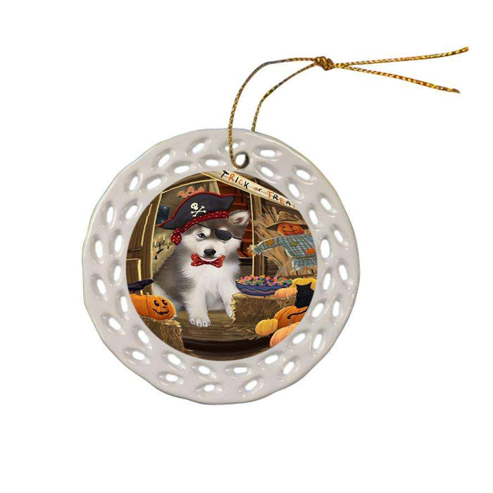 Enter at Own Risk Trick or Treat Halloween Alaskan Malamute Dog Ceramic Doily Ornament DPOR52936