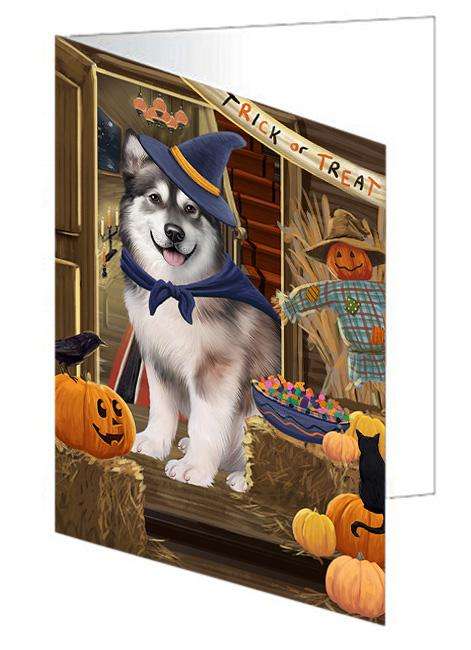 Enter at Own Risk Trick or Treat Halloween Alaskan Malamute Dog Handmade Artwork Assorted Pets Greeting Cards and Note Cards with Envelopes for All Occasions and Holiday Seasons GCD62831