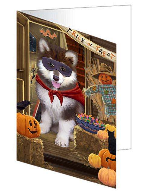 Enter at Own Risk Trick or Treat Halloween Alaskan Malamute Dog Handmade Artwork Assorted Pets Greeting Cards and Note Cards with Envelopes for All Occasions and Holiday Seasons GCD62834