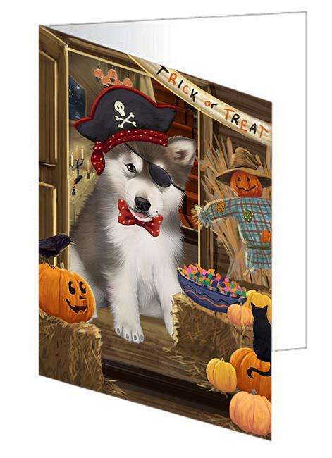 Enter at Own Risk Trick or Treat Halloween Alaskan Malamute Dog Handmade Artwork Assorted Pets Greeting Cards and Note Cards with Envelopes for All Occasions and Holiday Seasons GCD62837