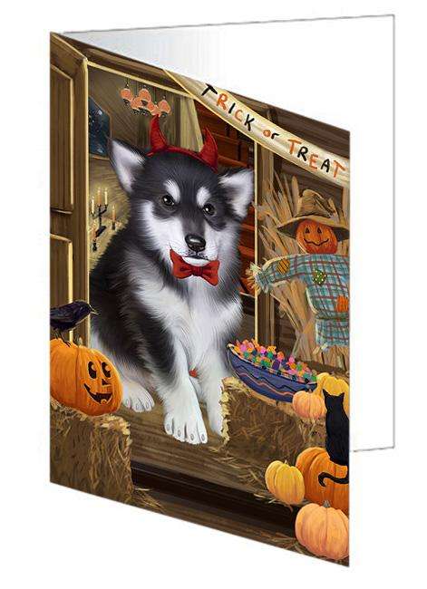 Enter at Own Risk Trick or Treat Halloween Alaskan Malamute Dog Handmade Artwork Assorted Pets Greeting Cards and Note Cards with Envelopes for All Occasions and Holiday Seasons GCD62840