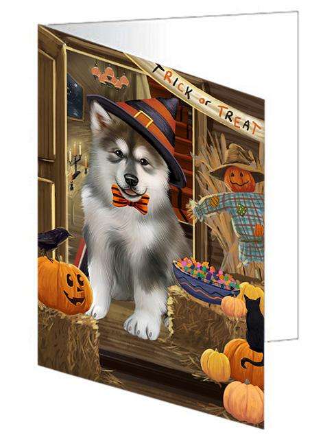 Enter at Own Risk Trick or Treat Halloween Alaskan Malamute Dog Handmade Artwork Assorted Pets Greeting Cards and Note Cards with Envelopes for All Occasions and Holiday Seasons GCD62843