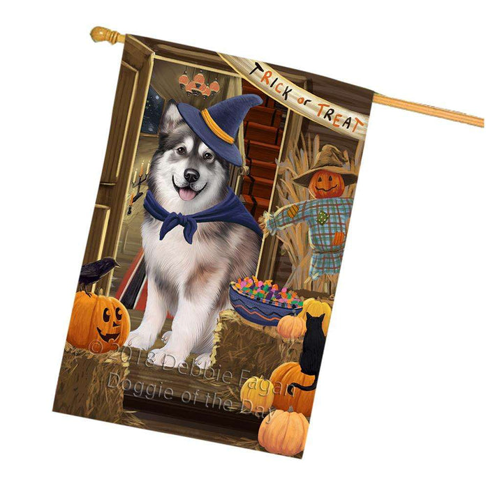 Enter at Own Risk Trick or Treat Halloween Alaskan Malamute Dog House Flag FLG53132