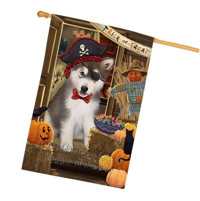Enter at Own Risk Trick or Treat Halloween Alaskan Malamute Dog House Flag FLG53134