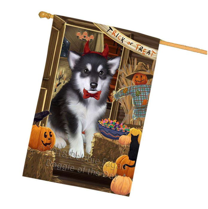 Enter at Own Risk Trick or Treat Halloween Alaskan Malamute Dog House Flag FLG53135