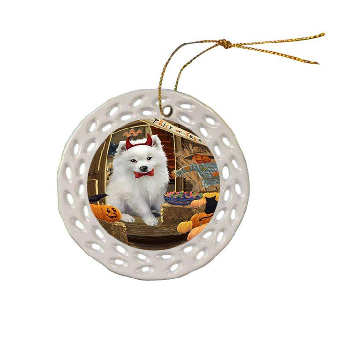 Enter at Own Risk Trick or Treat Halloween American Eskimo Dog Ceramic Doily Ornament DPOR52942