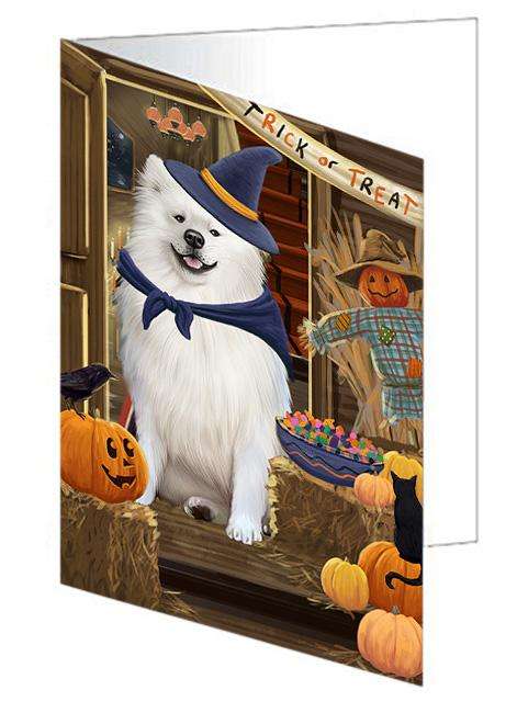 Enter at Own Risk Trick or Treat Halloween American Eskimo Dog Handmade Artwork Assorted Pets Greeting Cards and Note Cards with Envelopes for All Occasions and Holiday Seasons GCD62846