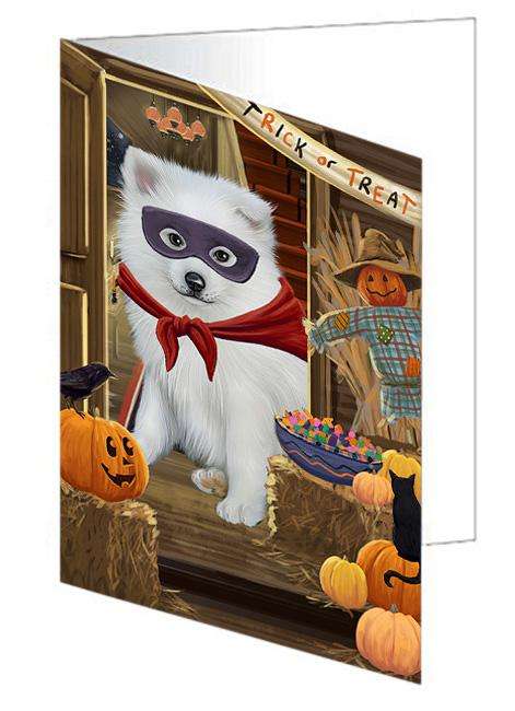 Enter at Own Risk Trick or Treat Halloween American Eskimo Dog Handmade Artwork Assorted Pets Greeting Cards and Note Cards with Envelopes for All Occasions and Holiday Seasons GCD62849
