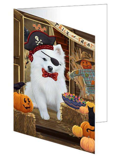 Enter at Own Risk Trick or Treat Halloween American Eskimo Dog Handmade Artwork Assorted Pets Greeting Cards and Note Cards with Envelopes for All Occasions and Holiday Seasons GCD62852