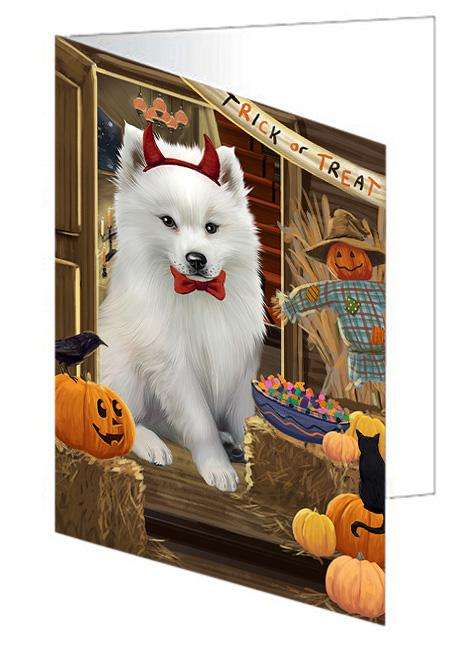 Enter at Own Risk Trick or Treat Halloween American Eskimo Dog Handmade Artwork Assorted Pets Greeting Cards and Note Cards with Envelopes for All Occasions and Holiday Seasons GCD62855