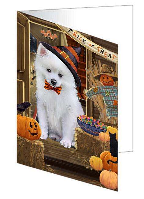 Enter at Own Risk Trick or Treat Halloween American Eskimo Dog Handmade Artwork Assorted Pets Greeting Cards and Note Cards with Envelopes for All Occasions and Holiday Seasons GCD62858