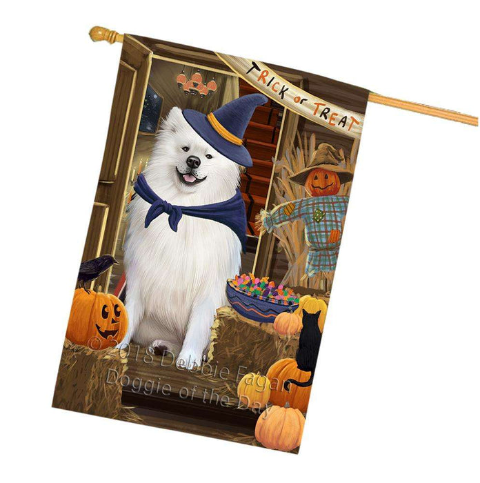 Enter at Own Risk Trick or Treat Halloween American Eskimo Dog House Flag FLG53137