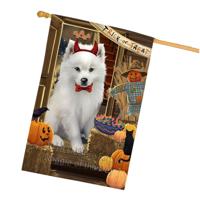 Enter at Own Risk Trick or Treat Halloween American Eskimo Dog House Flag FLG53140