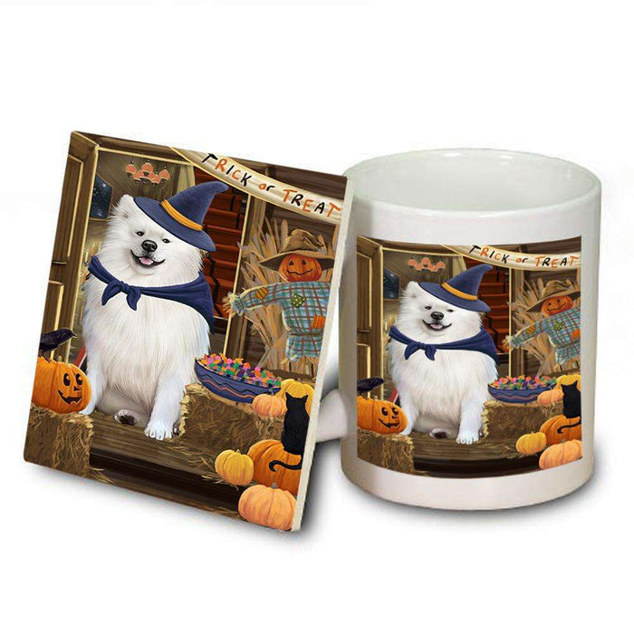 Enter at Own Risk Trick or Treat Halloween American Eskimo Dog Mug and Coaster Set MUC52931