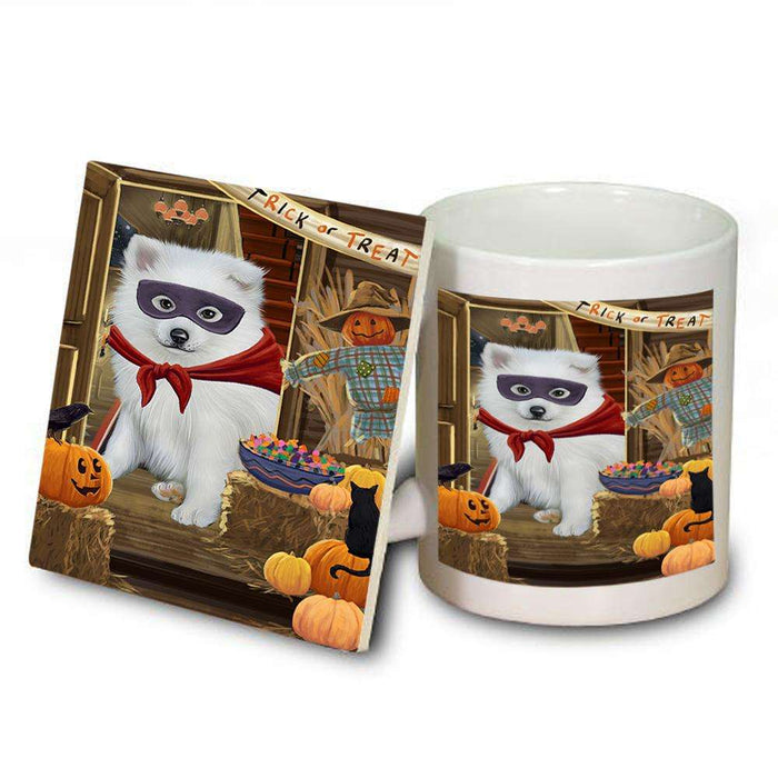 Enter at Own Risk Trick or Treat Halloween American Eskimo Dog Mug and Coaster Set MUC52932